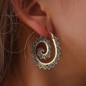Gold Spiral Geometric Tribal Fashion Hoop Earrings